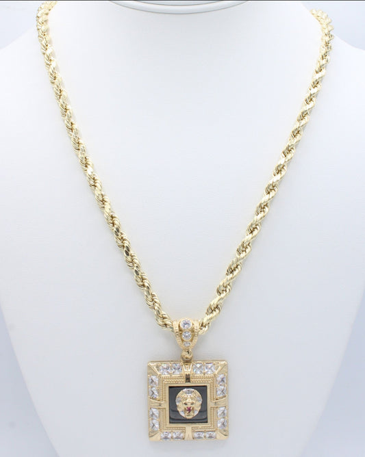 "NEW" 14K Lion Face Pendant Square W- Hollow Rope Chain