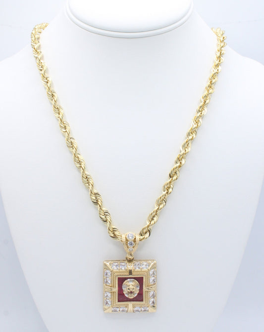 "NEW" 14K Lion Face Pendant Square W- Hollow Rope Chain