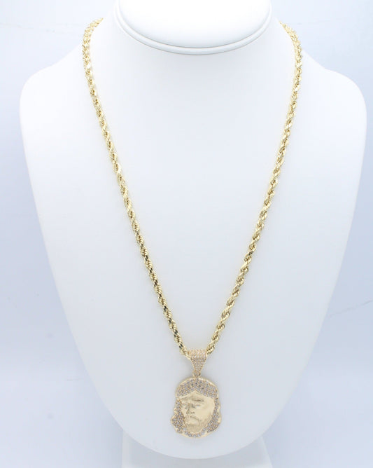 "NEW" 14K Jesus Face Pendant W- Hollow Rope Chain