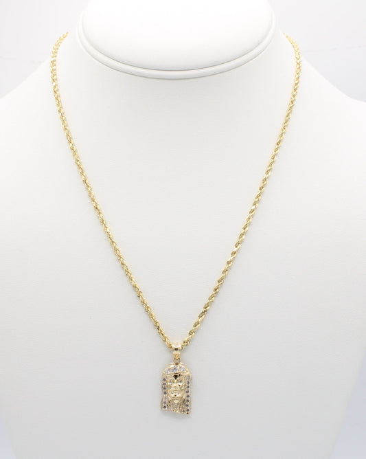 "NEW" 14K Jesus Face Pendant W- Hollow Rope Chain