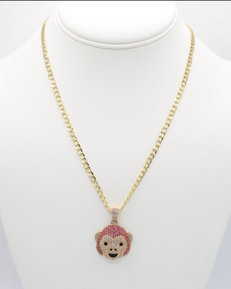 "NEW" 14K Monkey Pendants W- Hollow Cuban Chain.