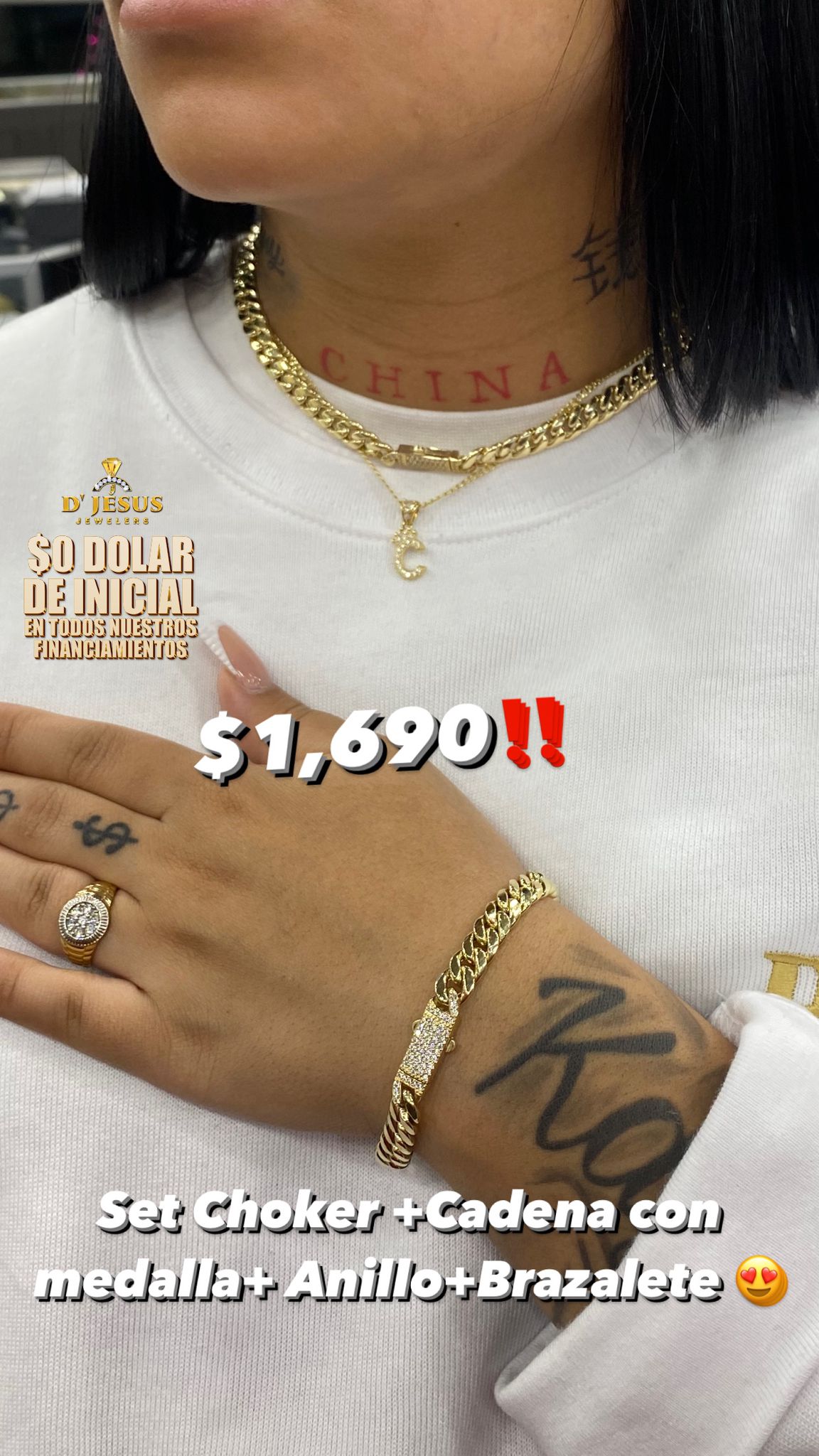 14K Set Choker / cadena con medalla / anillo / brazalete