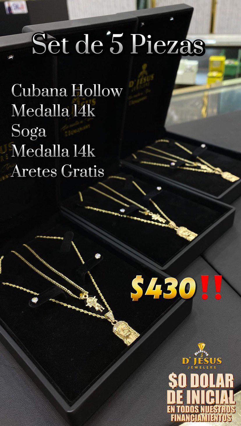 Set que 5 Piezas- Cadena Cubana+Medalla - Cadena Soga+Medalla y Aretes Gratis